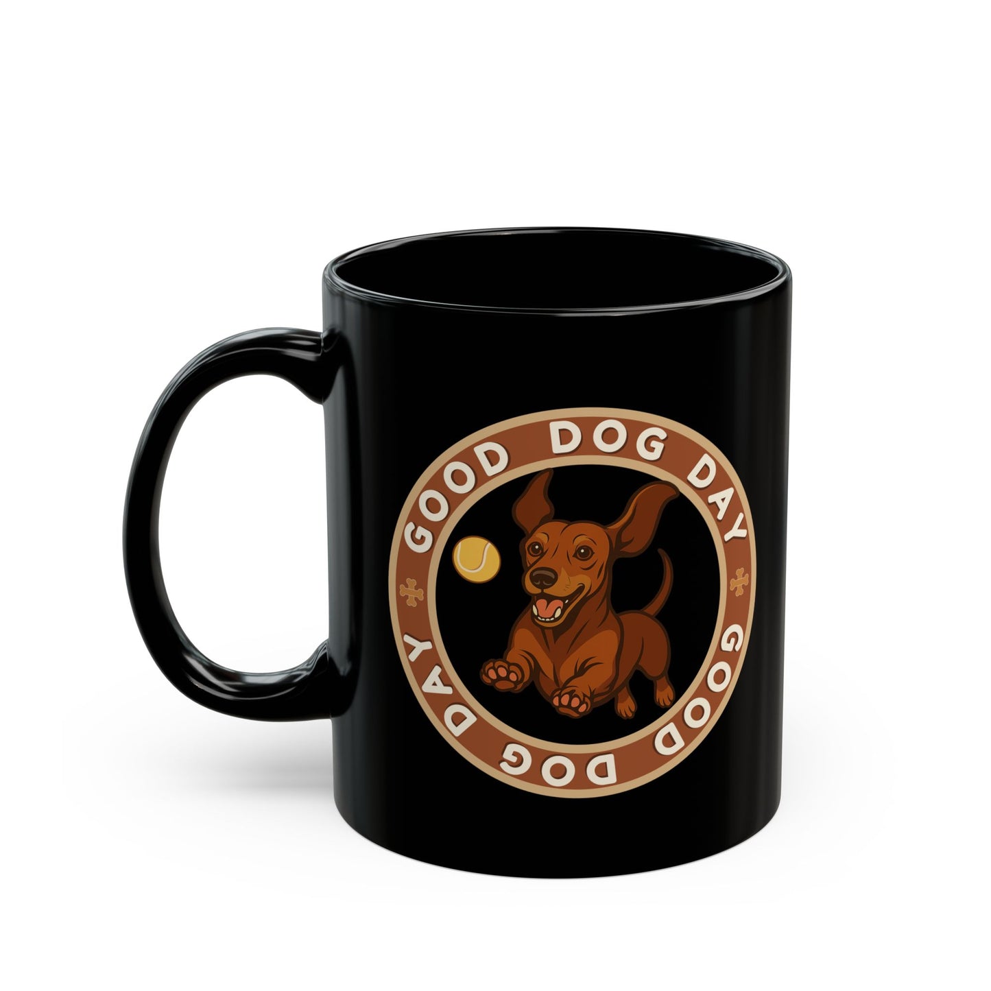 Good Dog Day Dachshund Black Mug – Deep Brown & Caramel